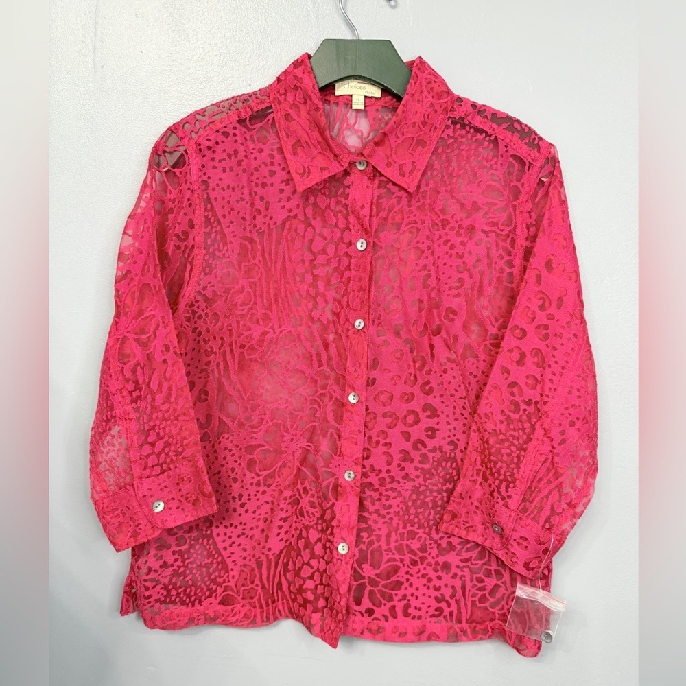 #12)  Choices Pink Sheer Patterned Blouse